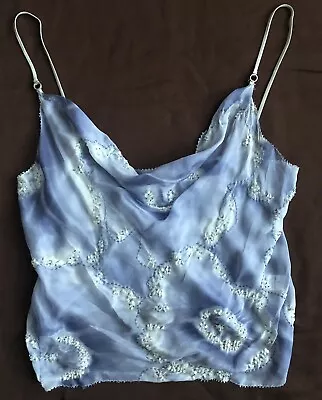 $418 Designer Silk Hand Bead Tie Dye Camisole CROP Top   ZAO White  Periw Blue • $48.98