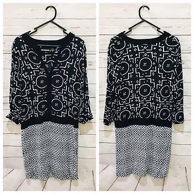 DESIGUAL Dress Art To Wear Black White V Neck 3/4 Sleeve Size 38 • $25