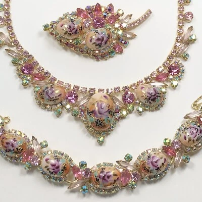 $514 • Buy Vintage Juliana D&E Set W/ Painted Floral Cabochons & Pink Stones - Book Piece