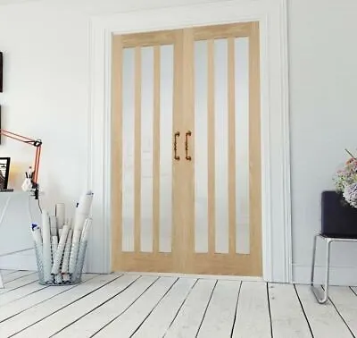 Rebated Door Pair Internal French Doors Aston 3L Frosted Glass Oak Unfinished • £289.99