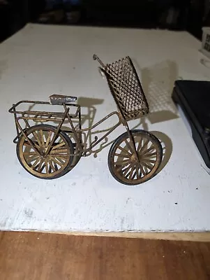 Vintage Novelty 4x6 Miniature Gold/Brass Metal BICYCLE W/Basket Movable Wheels • $14.99