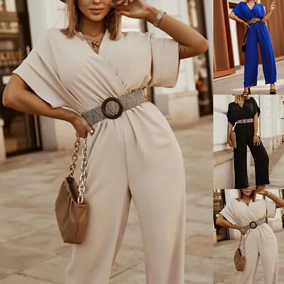 Womens V Neck Classic Casual Jumpsuit Overall Bib Belt Wide Leg Pants Palazzo 12 • £17.19