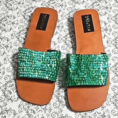 Mystique Camino Green Sequined Slides Leather Sandals New Size 10 • $75