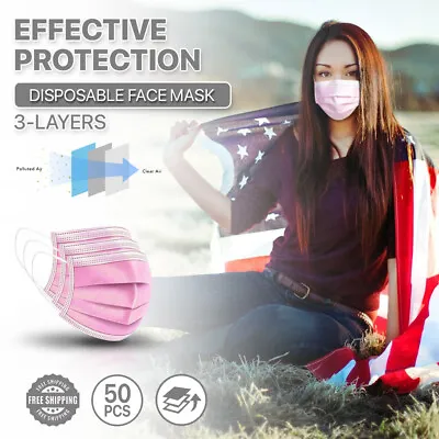 [Pink] 50/100 Pc 3-Ply Disposable Face Masks Non-Medical Surgical Earloop Cover • $5.99