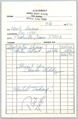 Vintage HANK SNOW Receipt For JAMES LEDDY BOOTS Abilene Texas /  GRAND OLE OPRY • $49.95