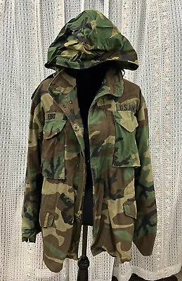 US ARMY Field Coat Jacket Cold Weather Small Regular Camo Hood Patches Name • $19.99