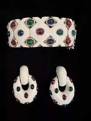 Vintage Signed CINER Bracelet & Earrings Cabouchons Red Blue Green Enamel MINT • $459