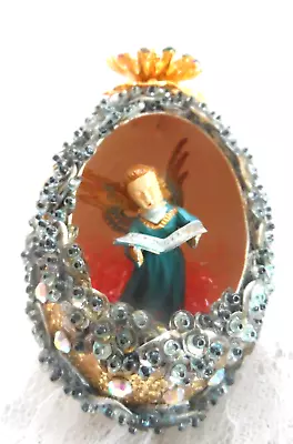 Vintage Handmade Holiday Ornament - REAL EGG DIORAMA ANGEL W/BOOK • $8.99