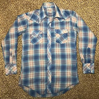 Vintage DAN RIVER Blue Plaid Pearl Snap Western Rockabilly Cowboy Shirt 15.5 • $14.99