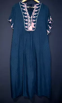 Zara Trf Collection:  Blue Boho Embroidered Dress Flutter Sleeve - Size 16 • £28.99