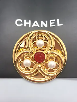 Vintage Chanel Gold Plated Large Brooch 70s Imitated Pearl Red Gripoix Glass • $799