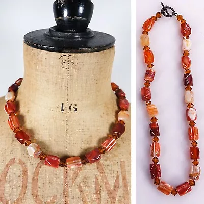 Vtg Orange Banded Agate/Carnelian Stone Necklace Heavy Beads Retro Boho Scottish • £21.99