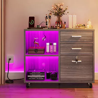 Mobile Lateral Filing Cabinet File Storage W/ Charging Station LED Light 3Drawer • $102.99