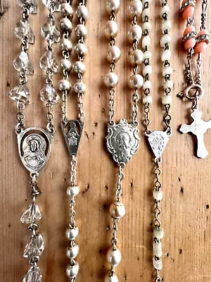 Vintage Rosary LOT Sterling Silver Coral Crystals Glass Pearls Cross Prayer • $75