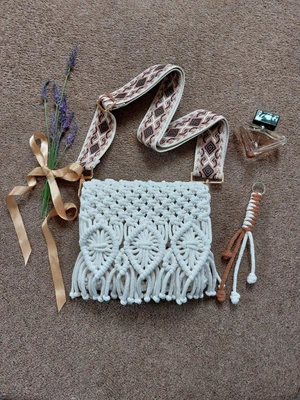 £39.99 • Buy Macrame Bag With Fringe Tassles Natural Cotton Cross Body Festival/Boho/Hippy