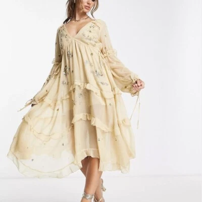 £12 • Buy ASOS DESIGN A-Line Ruffle MIDI Dress Cluster Embellishment In Gold Uk Size 8