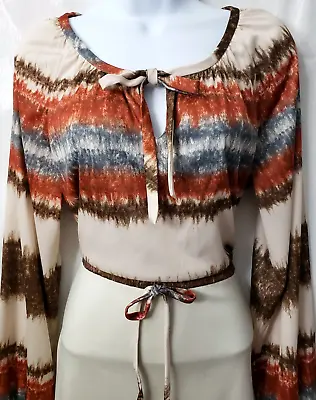 VTG 70s Boho Hippie Dress M L Ivory Brown Tie Dye Stripe Pussy Bow Peasant Slv • $34.99