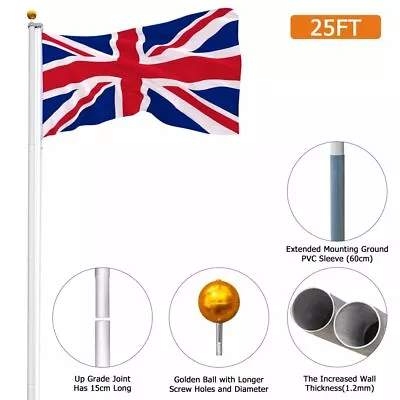 25ft Aluminium Telescopic Flag Pole Outdoor Garden Pole With 2 Union Jack Flags • £54.25