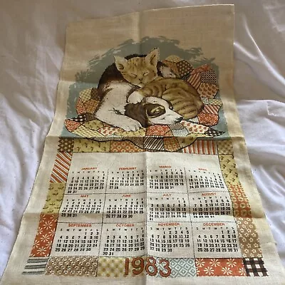 Vintage Cute 1983 Linen Fabric Tea Towel Wall Calendar Kitten And Puppy 26”x 16” • $3