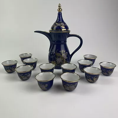 Vintage Blue Oriental Pitcher Tea Pot & 12 Cups Double Pheasants Pattern • $70
