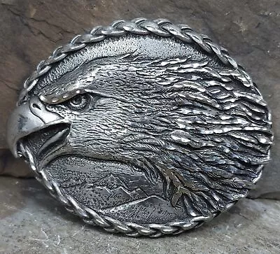 1993 Vintage Ege Screaming Eagle Head Pewter Tone Belt Buckle Rope Twist Border • $28.99