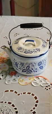 Vintage Farmhouse Floral Blue And White Enamel Coffee Tea Pot   • $32.99