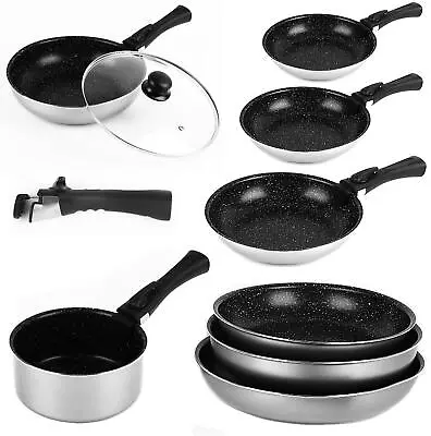 Induction 6 Pc Non Stick Cookware Set Frying Pan Saucepan With Detachable Handle • £29.99