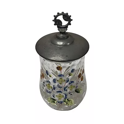 Antique Hand Painted Floral Glass Jelly Jar With Pewter Lid 7.5” • $19.96