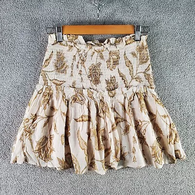 TIGERLILY Skirt Womens 8 Beige Floral A-Line Ruffle Boho Smocked Casual Ladies • $28.99