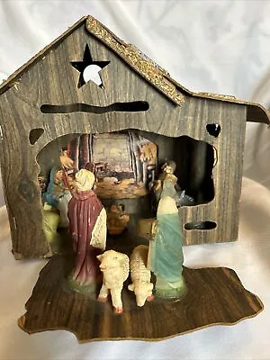 Vintage Christmas Celluloid Plastic Nativity Set W Folding Cardboard Manger MSM • $54.99