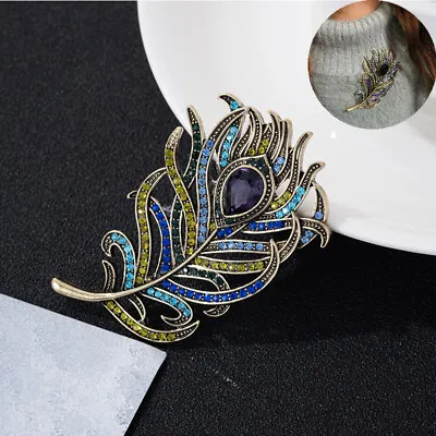 Brooch Women  Antique Vintage Crystal Pin Jewelry Accesso Feather Rhinestone • $8.71