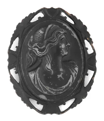 * C. 1880 - ANTIQUE / VICTORIAN BLACK ENAMEL CAMEO MOURNING PIN / BROOCH • $14.99