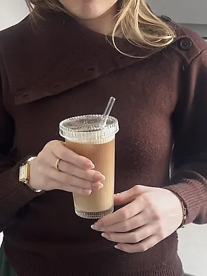 Modern Ribbed Glass Tumbler With Lid And Straw Glass Iced Coffee Cup- UK Seller • £10.99