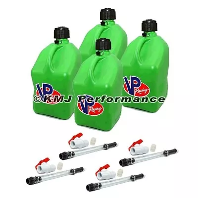 VP Racing Green Square Fuel Jug Diesel Gas Can 4 Pack + 4 Deluxe Hoses Shut Offs • $139.99