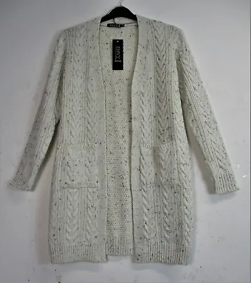 Ladies Cable Knit Open Long Line Cardigan Jacket Pocket   Sizes S/M M/L L/XL XXL • £19.99