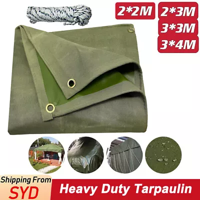 4 Size Heavy Duty Waterproof Canvas Tarp Tarpaulin Sun Blocked Dustproof Army  • $23.28