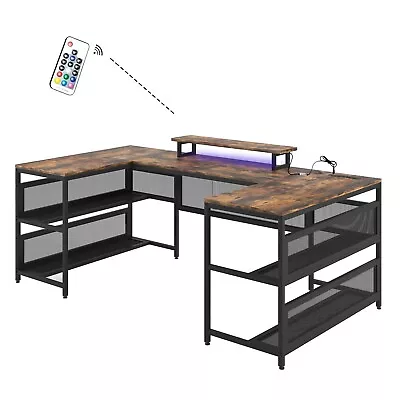 U-shaped Desk With Shelve And LED Lights • $185