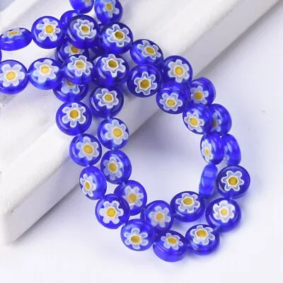 50pcs Flat Round 8mm Blue Flower Millefiori Glass Beads Lot For Jewelry Making • $3.98