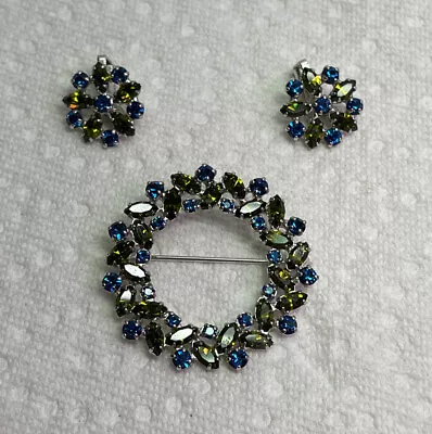 Vintage Green & Blue Rhinestone Brooch/Pin Earrings Signed B David • $39