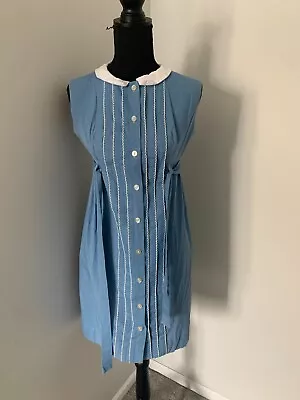 Vintage Light Blue Button Empire Waist Peter Pan Collar Dress 1960s Mod S • $9