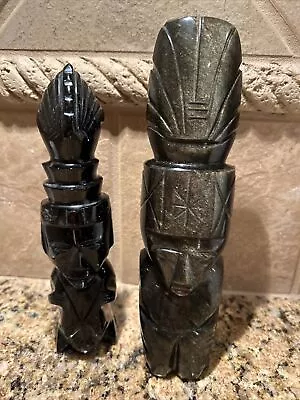 Gold Sheen Black Obsidian Hand Carved Mayan Aztec Incan Tiki Figure Statues Set • $105