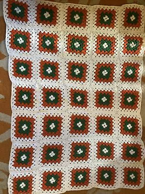 Vtg Green & Orange Crochet Granny Square Afghan Throw BLANKET 55 X 40 Florida • $22.87