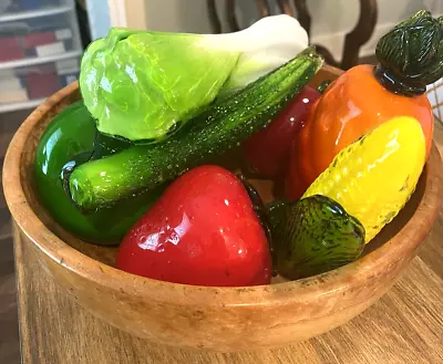 Vintage Murano Style Art Glass Hand Blown Fruit & Vegetables 8 Pc Set Wood Bowl • $35