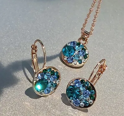 15mm Round Bella Blue Necklace Earrings Swarovski Crystal Rose Gold Plated Over • $38.50