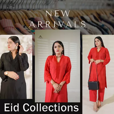 Women Linen 2 Piece Suit With Chikankari Embroidery Eid Collection Black & Red • £16.99