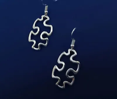 US Seller SILVER DANGLE EARRINGS Jigsaw Puzzle Piece Best Friend Awareness Charm • $3.25