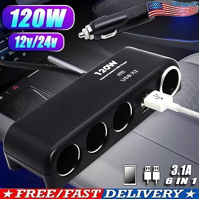 4 Way 12V  Multi Socket Car Cigarette Lighter Splitter USB 120W Charger Adapter • $13.29