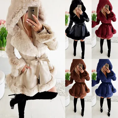 UK Womens Faux Fur Coat Hoodie Parka Belt Slim Winter Warm Ladies Outwear Coat • £39.59