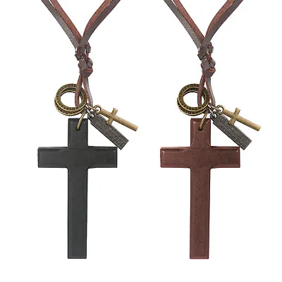 Punk Vintage Wooden Cross Necklace Leather Rope Chain Adjustable For Men Women • $9.99