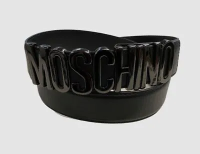 $345 Moschino Men's Black Buckle-Logo Leather Belt Size 50 • $110.78